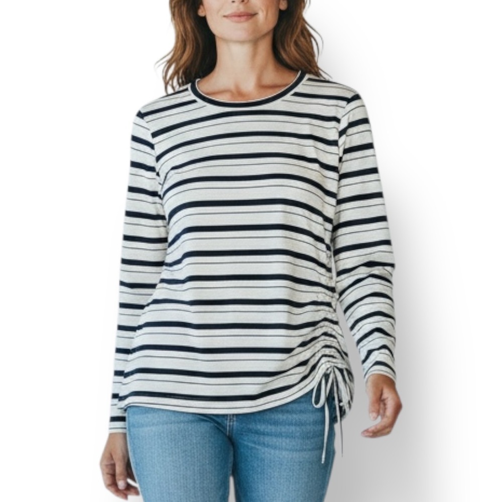 4/$20 89th + Madison Navy Oatmeal Striped Ruched Side Knit Top Medium